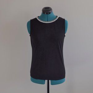 Black Tank Top Pearl Neckline Embellished Chain